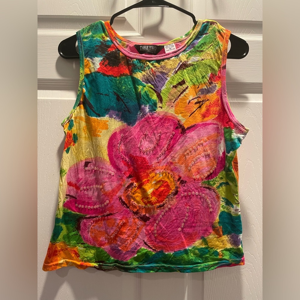 Take Two Vintage Sequin Vibrant Floral Tank Top